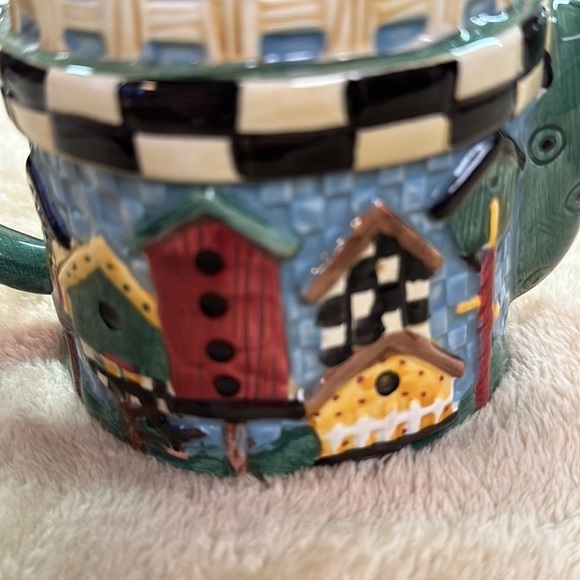 Sakura Debbie Mumm Ceramic Birdhouses Picket Fence Teapot With Blackbird on Lid - Picture 12 of 15